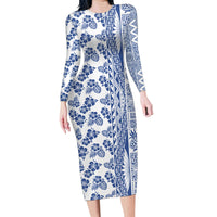 Hawaii Family Matching Long Sleeve Bodycon Dress and Hawaiian Shirt Aloha Tropical Plants Tribal Pattern Blue Version LT03 Mom's Dress Blue - Polynesian Pride