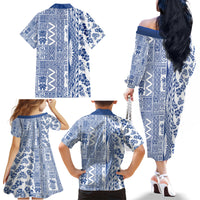 Hawaii Family Matching Off Shoulder Long Sleeve Dress and Hawaiian Shirt Aloha Tropical Plants Tribal Pattern Blue Version LT03 - Polynesian Pride