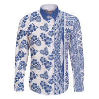 Hawaii Family Matching Off Shoulder Maxi Dress and Hawaiian Shirt Aloha Tropical Plants Tribal Pattern Blue Version LT03 Dad's Shirt - Long Sleeve Blue - Polynesian Pride