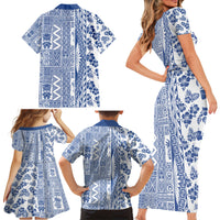Hawaii Family Matching Short Sleeve Bodycon Dress and Hawaiian Shirt Aloha Tropical Plants Tribal Pattern Blue Version LT03 - Polynesian Pride