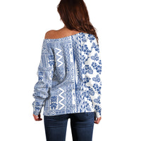 Hawaii Off Shoulder Sweater Aloha Tropical Plants Tribal Pattern Blue Version LT03 - Polynesian Pride