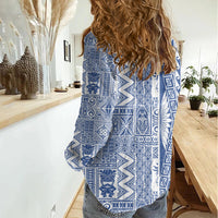 Hawaii Women Casual Shirt Aloha Tropical Plants Tribal Pattern Blue Version LT03 - Polynesian Pride