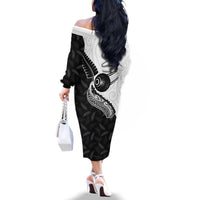 Personalised Aotearoa Lawn Bowls Family Matching Off The Shoulder Long Sleeve Dress and Hawaiian Shirt Maori and Silver Fern Half Style - Polynesian Pride