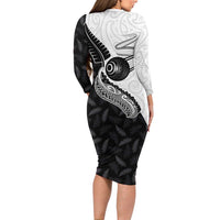 Personalised Aotearoa Lawn Bowls Long Sleeve Bodycon Dress Maori and Silver Fern Half Style LT03 - Polynesian Pride