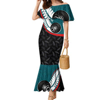 Personalised Aotearoa Lawn Bowls Family Matching Mermaid Dress and Hawaiian Shirt Maori and Silver Fern Sporty Style Teal Color LT03 Mom's Dress Teal - Polynesian Pride