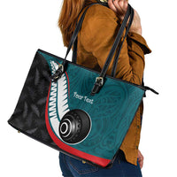 Personalised Aotearoa Lawn Bowls Leather Tote Bag Maori and Silver Fern Sporty Style Teal Color LT03 - Polynesian Pride
