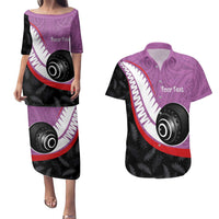 Personalised Aotearoa Lawn Bowls Couples Matching Puletasi and Hawaiian Shirt Maori and Silver Fern Sporty Style Pink Color - Polynesian Pride