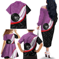 Personalised Aotearoa Lawn Bowls Family Matching Off The Shoulder Long Sleeve Dress and Hawaiian Shirt Maori and Silver Fern Sporty Style Pink Color LT03 - Polynesian Pride