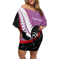 Personalised Aotearoa Lawn Bowls Family Matching Off Shoulder Short Dress and Hawaiian Shirt Maori and Silver Fern Sporty Style Pink Color - Polynesian Pride