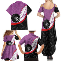 Personalised Aotearoa Lawn Bowls Family Matching Summer Maxi Dress and Hawaiian Shirt Maori and Silver Fern Sporty Style Pink Color LT03 - Polynesian Pride