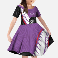 Personalised Aotearoa Lawn Bowls Family Matching Long Sleeve Bodycon Dress and Hawaiian Shirt Maori and Silver Fern Sporty Style Purple Color LT03 Daughter's Dress Purple - Polynesian Pride