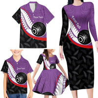 Personalised Aotearoa Lawn Bowls Family Matching Long Sleeve Bodycon Dress and Hawaiian Shirt Maori and Silver Fern Sporty Style Purple Color LT03 - Polynesian Pride