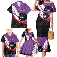 Personalised Aotearoa Lawn Bowls Family Matching Mermaid Dress and Hawaiian Shirt Maori and Silver Fern Sporty Style Purple Color LT03 - Polynesian Pride