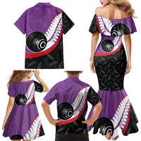 Personalised Aotearoa Lawn Bowls Family Matching Mermaid Dress and Hawaiian Shirt Maori and Silver Fern Sporty Style Purple Color LT03 - Polynesian Pride
