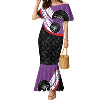 Personalised Aotearoa Lawn Bowls Family Matching Mermaid Dress and Hawaiian Shirt Maori and Silver Fern Sporty Style Purple Color LT03 Mom's Dress Purple - Polynesian Pride
