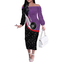Personalised Aotearoa Lawn Bowls Family Matching Off The Shoulder Long Sleeve Dress and Hawaiian Shirt Maori and Silver Fern Sporty Style Purple Color LT03 Mom's Dress Purple - Polynesian Pride