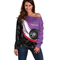 Personalised Aotearoa Lawn Bowls Off Shoulder Sweater Maori and Silver Fern Sporty Style Purple Color LT03 Women Purple - Polynesian Pride