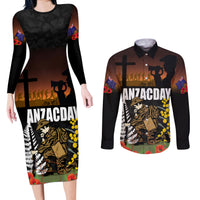 New Zealand and Australia ANZAC Day Couples Matching Long Sleeve Bodycon Dress and Long Sleeve Button Shirt Soldier and Last Post Camouflage Pattern LT03 Black - Polynesian Pride