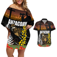 New Zealand and Australia ANZAC Day Couples Matching Off Shoulder Short Dress and Hawaiian Shirt Soldier and Last Post Camouflage Pattern LT03 Black - Polynesian Pride