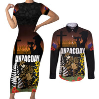 New Zealand and Australia ANZAC Day Couples Matching Short Sleeve Bodycon Dress and Long Sleeve Button Shirt Soldier and Last Post Camouflage Pattern LT03 Black - Polynesian Pride