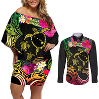 Hawaii Turtle Day Couples Matching Off Shoulder Short Dress and Long Sleeve Button Shirt Polynesian Tattoo and Hibiscus Flowers LT03 Black - Polynesian Pride