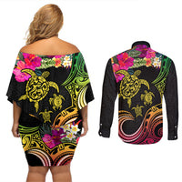 Hawaii Turtle Day Couples Matching Off Shoulder Short Dress and Long Sleeve Button Shirt Polynesian Tattoo and Hibiscus Flowers LT03 - Polynesian Pride