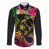 Hawaii Turtle Day Family Matching Off The Shoulder Long Sleeve Dress and Hawaiian Shirt Polynesian Tattoo and Hibiscus Flowers