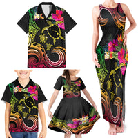 Hawaii Turtle Day Family Matching Tank Maxi Dress and Hawaiian Shirt Polynesian Tattoo and Hibiscus Flowers