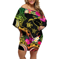 Hawaii Turtle Day Off Shoulder Short Dress Polynesian Tattoo and Hibiscus Flowers LT03 Women Black - Polynesian Pride