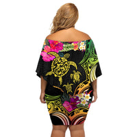 Hawaii Turtle Day Off Shoulder Short Dress Polynesian Tattoo and Hibiscus Flowers LT03 - Polynesian Pride