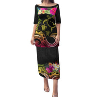 Hawaii Turtle Day Puletasi Polynesian Tattoo and Hibiscus Flowers LT03 Long Dress Black - Polynesian Pride