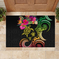 Hawaii Turtle Day Rubber Doormat Polynesian Tattoo and Hibiscus Flowers