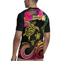 Hawaii Turtle Day Rugby Jersey Polynesian Tattoo and Hibiscus Flowers