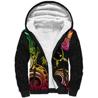 Hawaii Turtle Day Sherpa Hoodie Polynesian Tattoo and Hibiscus Flowers