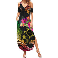 Hawaii Turtle Day Summer Maxi Dress Polynesian Tattoo and Hibiscus Flowers LT03 Women Black - Polynesian Pride