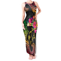Hawaii Turtle Day Tank Maxi Dress Polynesian Tattoo and Hibiscus Flowers LT03 Women Black - Polynesian Pride
