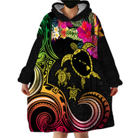 Hawaii Turtle Day Wearable Blanket Hoodie Polynesian Tattoo and Hibiscus Flowers