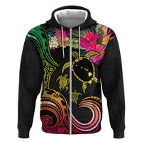 Hawaii Turtle Day Zip Hoodie Polynesian Tattoo and Hibiscus Flowers