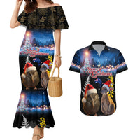 New Zealand and Australia Merry Christmas Couples Matching Mermaid Dress and Hawaiian Shirt Kiwi Bird and Kangaroo Xmas Vibe LT03 Black - Polynesian Pride