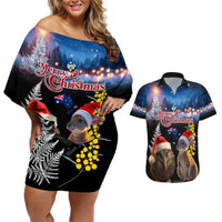 New Zealand and Australia Merry Christmas Couples Matching Off Shoulder Short Dress and Hawaiian Shirt Kiwi Bird and Kangaroo Xmas Vibe