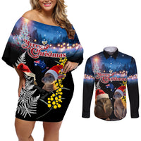 New Zealand and Australia Merry Christmas Couples Matching Off Shoulder Short Dress and Long Sleeve Button Shirt Kiwi Bird and Kangaroo Xmas Vibe