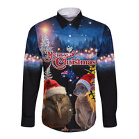 New Zealand and Australia Merry Christmas Long Sleeve Button Shirt Kiwi Bird and Kangaroo Xmas Vibe