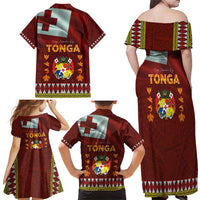 Tonga Independence Day Family Matching Off Shoulder Maxi Dress and Hawaiian Shirt National Flag and Emblem with Ngatu Art Pattern