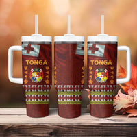 Tonga Independence Day Tumbler With Handle National Flag and Emblem with Ngatu Art Pattern