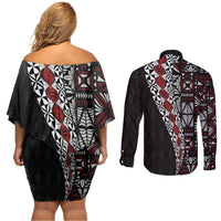 Tonga Ngatu Art Tattoo Polynesian Couples Matching Off Shoulder Short Dress and Long Sleeve Button Shirt