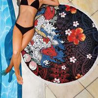 Hawaiian and Japanese Together Beach Blanket Hibiscus and Koi Fish Polynesian Pattern Colorful Style