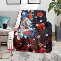 Hawaiian and Japanese Together Blanket Hibiscus and Koi Fish Polynesian Pattern Colorful Style