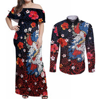 Hawaiian and Japanese Together Couples Matching Off Shoulder Maxi Dress and Long Sleeve Button Shirt Hibiscus and Koi Fish Polynesian Pattern Colorful Style