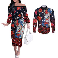 Hawaiian and Japanese Together Couples Matching Off The Shoulder Long Sleeve Dress and Long Sleeve Button Shirt Hibiscus and Koi Fish Polynesian Pattern Colorful Style