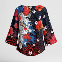 Hawaiian and Japanese Together Kimono Sleeve Blouse Hibiscus and Koi Fish Polynesian Pattern Colorful Style - Polynesian Pride